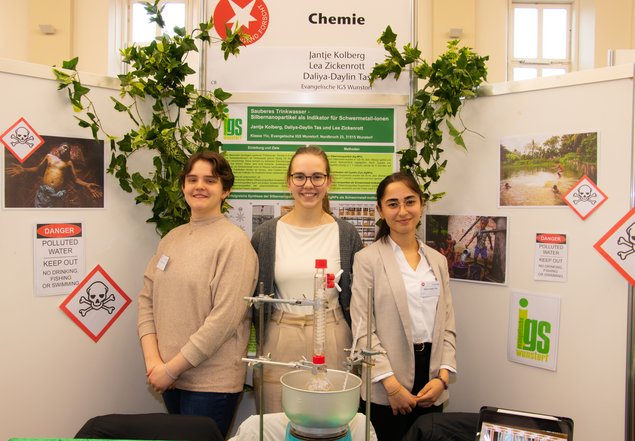 Schüler stehen vor einem Chemieexperiment.